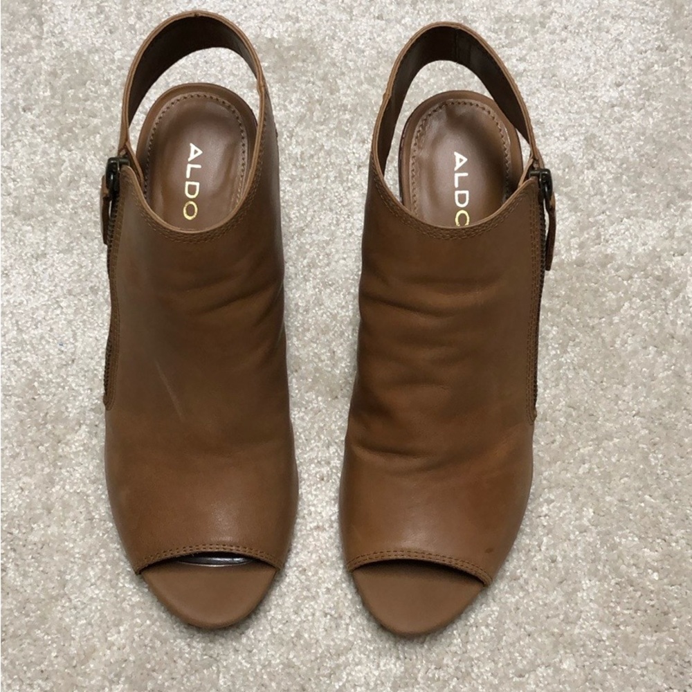 Aldo brown open-toe booties. 4in heel.
